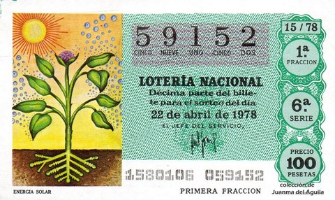 Décimo de Lotería Nacional de 1978 Sorteo 15 - ENERGIA SOLAR