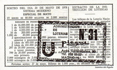 Reverso del décimo de Lotería Nacional de 1978 Sorteo 19