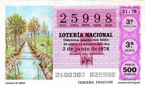 Décimo de Lotería Nacional de 1978 Sorteo 21 - CANALES DE RIEGO