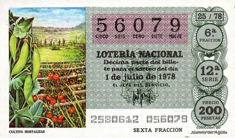 Décimo de Lotería Nacional de 1978 Sorteo 25 - CULTIVO HORTALIZAS