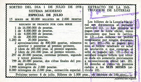 Reverso del décimo de Lotería Nacional de 1978 Sorteo 25