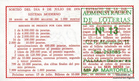 Reverso décimo de Lotería 1978 / 26
