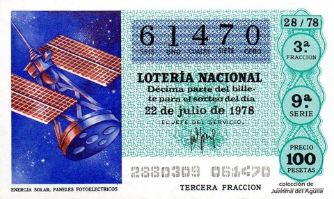 Décimo de Lotería Nacional de 1978 Sorteo 28 - ENERGIA SOLAR, PANELES FOTOELECTRICOS