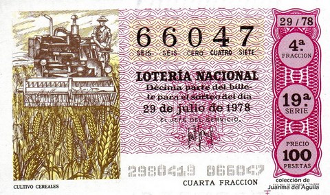 Décimo de Lotería Nacional de 1978 Sorteo 29 - CULTIVO CEREALES