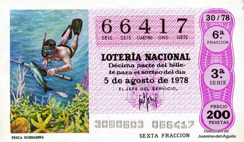 Décimo de Lotería Nacional de 1978 Sorteo 30 - PESCA SUBMARINA