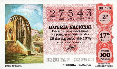 Décimo de Lotería Nacional de 1978 Sorteo 33 - RUEDA HIDRAULICA