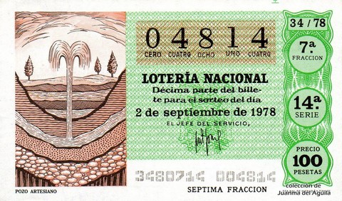 Décimo de Lotería Nacional de 1978 Sorteo 34 - POZO ARTESIANO