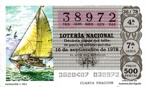 Décimo de Lotería Nacional de 1978 Sorteo 36 - NAVEGACION A VELA