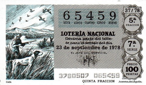 Décimo de Lotería Nacional de 1978 Sorteo 37 - CAZA