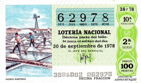Décimo de Lotería Nacional de 1978 Sorteo 38 - SALINAS MARITIMAS