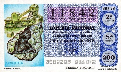 Décimo de Lotería Nacional de 1978 Sorteo 39 - MINERIA DE PLATA