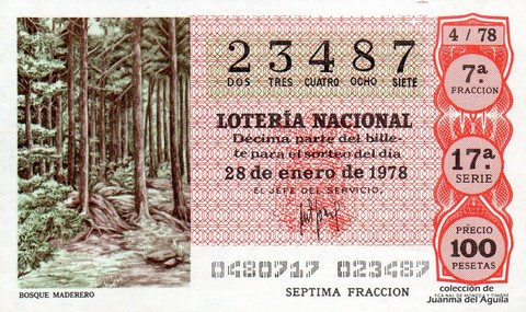 Décimo de Lotería Nacional de 1978 Sorteo 4 - BOSQUE MADERERO