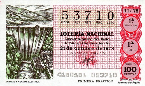 Décimo de Lotería Nacional de 1978 Sorteo 41 - EMBALSE Y CENTRAL ELECTRICA