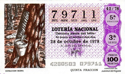 Décimo de Lotería Nacional de 1978 Sorteo 42 - EXTRACCION RESINA