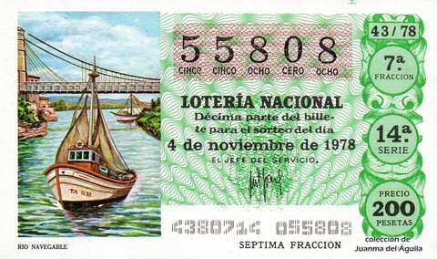 Décimo de Lotería Nacional de 1978 Sorteo 43 - RIO NAVEGABLE