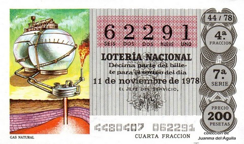 Décimo de Lotería Nacional de 1978 Sorteo 44 - GAS NATURAL
