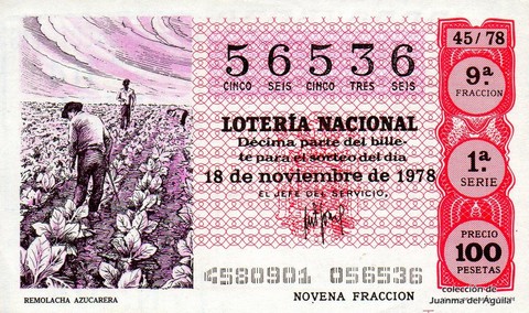 Décimo de Lotería Nacional de 1978 Sorteo 45 - REMOLACHA AZUCARERA