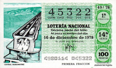 Décimo de Lotería Nacional de 1978 Sorteo 49 - CENTRAL MAREOMOTRIZ