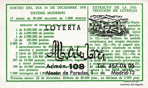 Reverso del décimo de Lotería Nacional de 1978 Sorteo 49