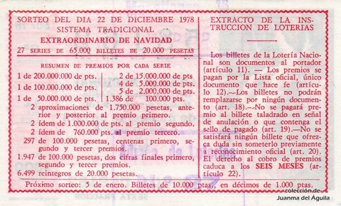 Reverso del décimo de Lotería Nacional de 1978 Sorteo 50