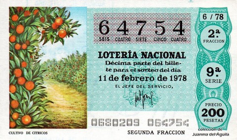 Décimo de Lotería Nacional de 1978 Sorteo 6 - CULTIVO DE CITRICOS