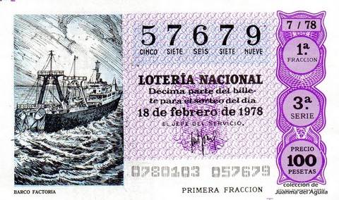 Décimo de Lotería Nacional de 1978 Sorteo 7 - BARCO FACTORIA