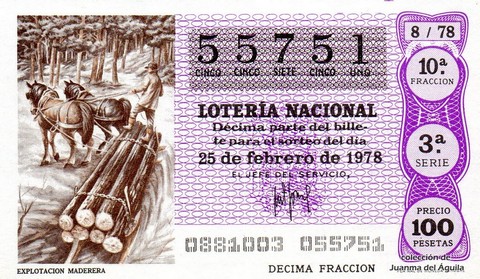 Décimo de Lotería Nacional de 1978 Sorteo 8 - EXPLOTACION MADERERA