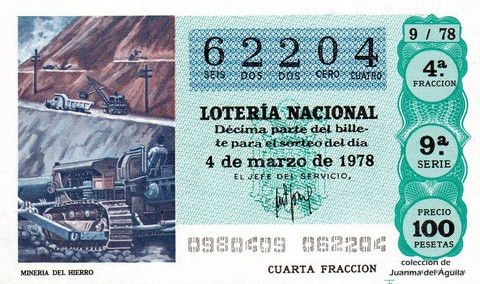 Décimo de Lotería Nacional de 1978 Sorteo 9 - MINERIA DEL HIERRO