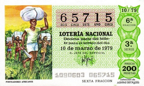 Décimo de Lotería Nacional de 1979 Sorteo 10 - PORTEADORES AFRICANOS