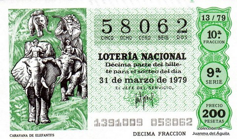 Décimo de Lotería Nacional de 1979 Sorteo 13 - CARAVANA DE ELEFANTES