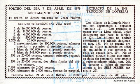 Reverso décimo de Lotería 1979 / 14