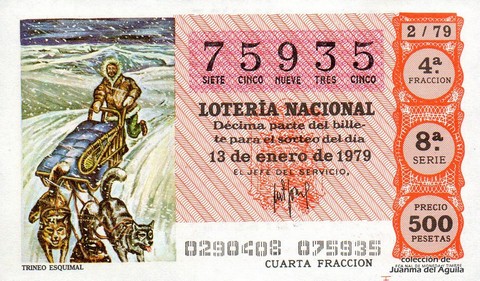 Décimo de Lotería Nacional de 1979 Sorteo 2 - TRINEO ESQUIMAL