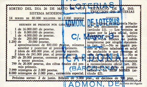 Reverso décimo de Lotería 1979 / 20