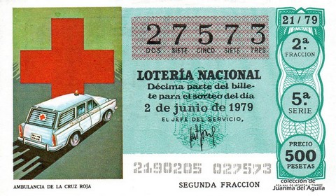 Décimo de Lotería Nacional de 1979 Sorteo 21 - AMBULANCIA DE LA CRUZ ROJA
