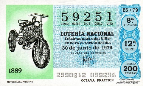 Décimo de Lotería Nacional de 1979 Sorteo 25 - MOTOCICLETA PRIMITIVA