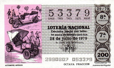 Décimo de Lotería Nacional de 1979 Sorteo 29 - AUTOMOVIL ANTIGUO
