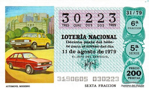 Décimo de Lotería Nacional de 1979 Sorteo 31 - AUTOMOVIL MODERNO