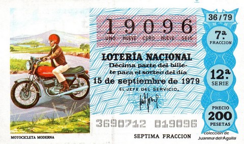 Décimo de Lotería Nacional de 1979 Sorteo 36 - MOTOCICLETA MODERNA