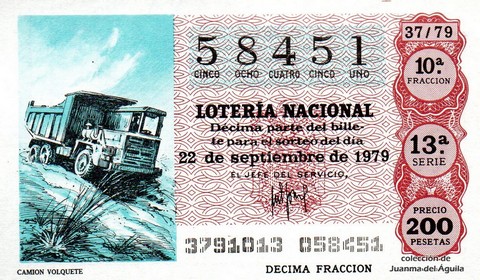 Décimo de Lotería Nacional de 1979 Sorteo 37 - CAMION VOLQUETE