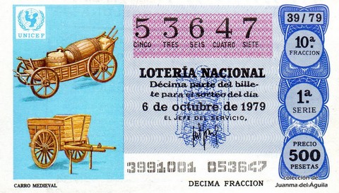 Décimo de Lotería Nacional de 1979 Sorteo 39 - CARRO MEDIEVAL