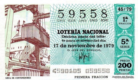 Décimo de Lotería Nacional de 1979 Sorteo 45 - GRUA DE CONTENEDORES