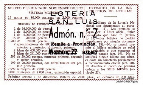 Reverso décimo de Lotería 1979 / 46