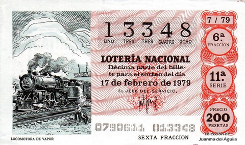 Décimo de Lotería Nacional de 1979 Sorteo 7 - LOCOMOTORA DE VAPOR