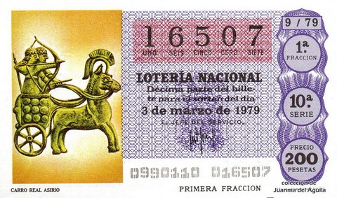 Décimo de Lotería Nacional de 1979 Sorteo 9 - CARRO REAL ASIRIO