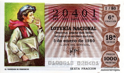 Décimo de Lotería Nacional de 1980 Sorteo 1 - EL VENDEDOR DE PERIODICOS