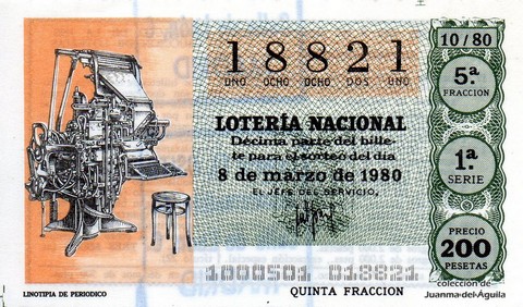 Décimo de Lotería Nacional de 1980 Sorteo 10 - LINOTIPIA DE PERIODICO