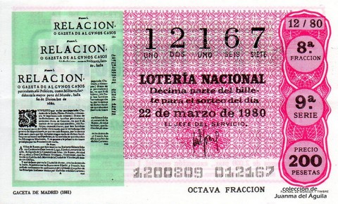 Décimo de Lotería Nacional de 1980 Sorteo 12 - GACETA DE MADRID (1661)