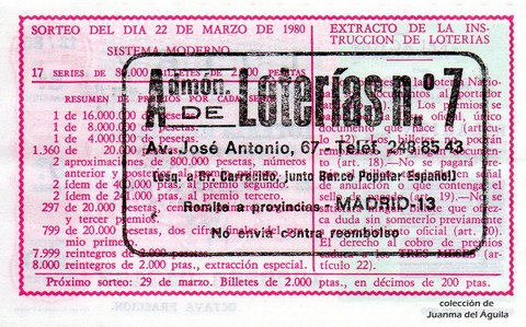 Reverso décimo de Lotería 1980 / 12