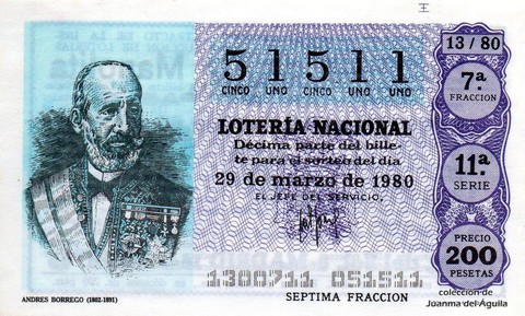 Décimo de Lotería Nacional de 1980 Sorteo 13 - ANDRES BORREGO (1802-1891)