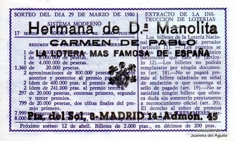 Reverso décimo de Lotería 1980 / 13